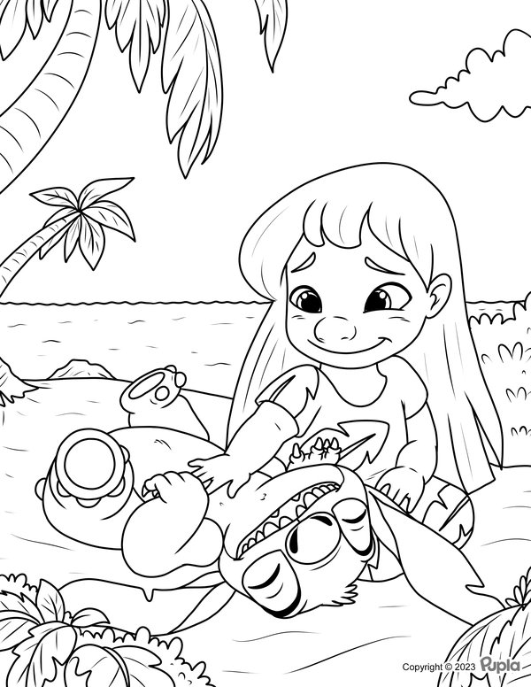 Lilo streichelt Stitch coloring page for children