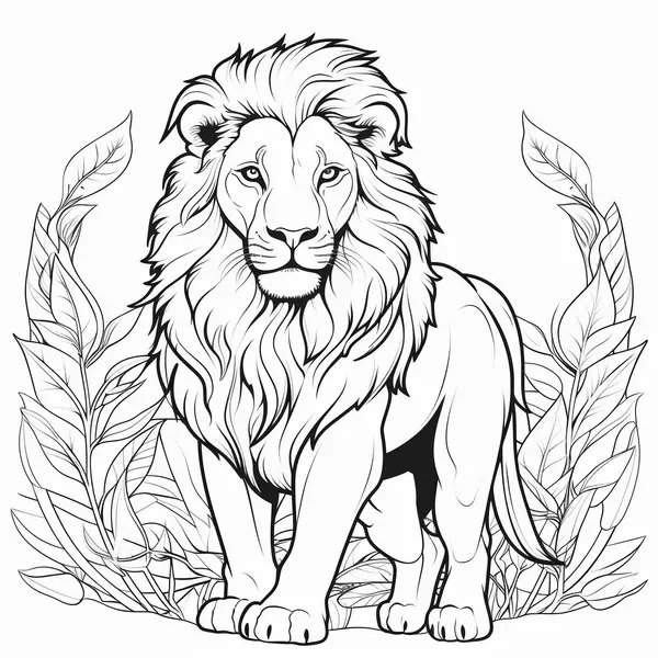 Lion Debout Devant Des Feuilles coloring page for children