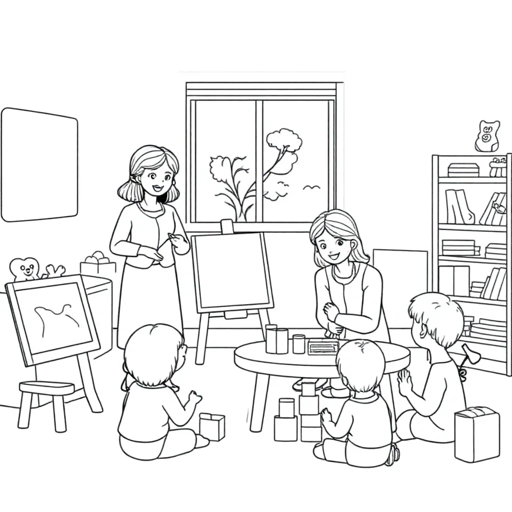 Maak een kleurplaat van een kleuterklas waar twee juffen ... coloring page for children