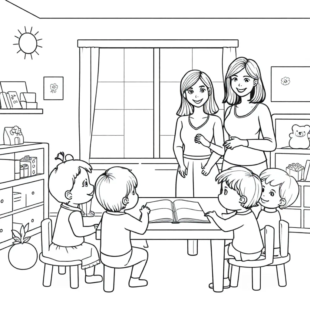 Maak een kleurplaat van een kleuterklas waar twee juffen ... coloring page for children