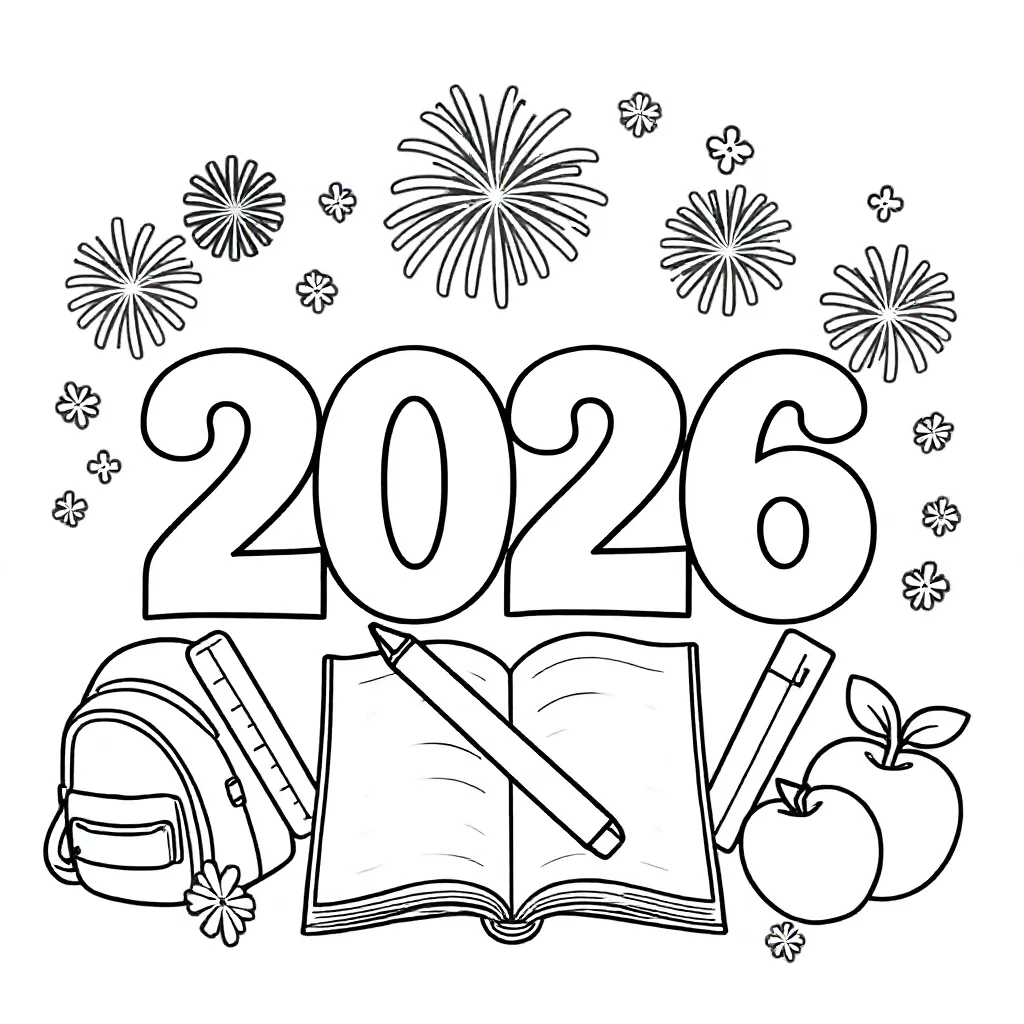 Maak een kleurplaat waarin het jaartal 2026 centraal staat. Verwerk daarin voorwerpen die te maken h