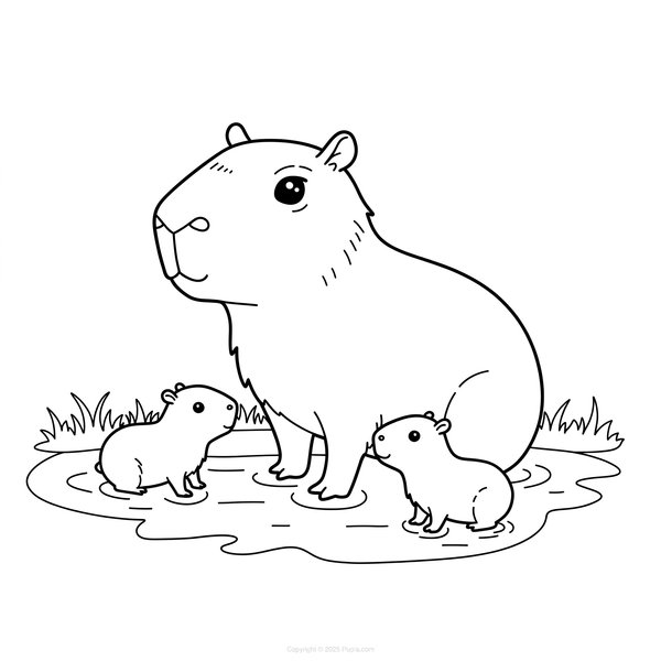 Madre Capibara con sus crías coloring page for children