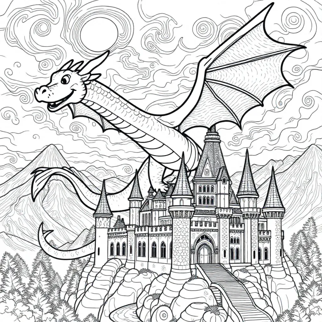 een magische draak die over een kasteel vliegt kleurplaat voor kinderen