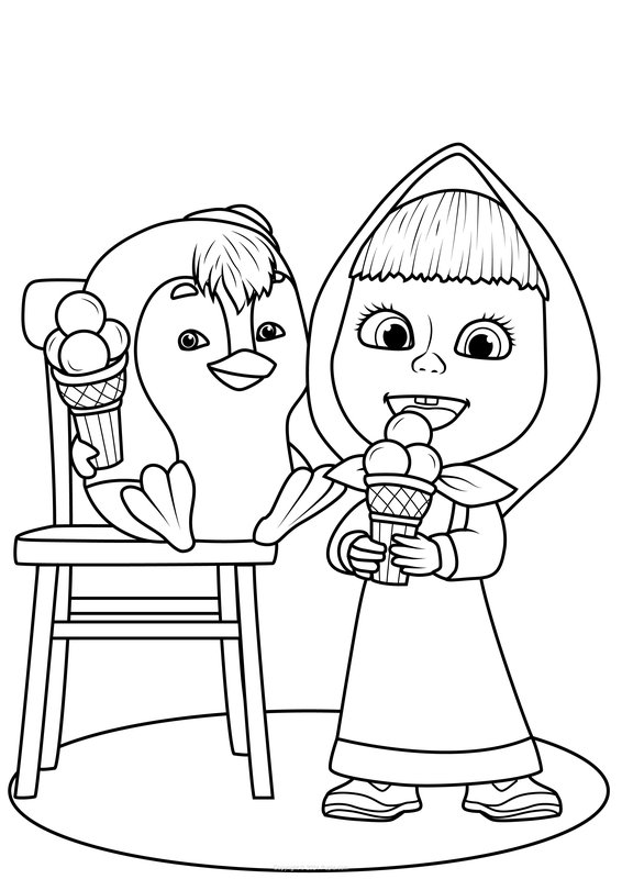 Mascha und Pinguin essen Eiscreme coloring page for children