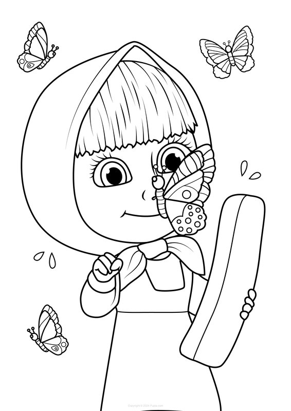 Masha avec un papillon sur le nez coloring page for children