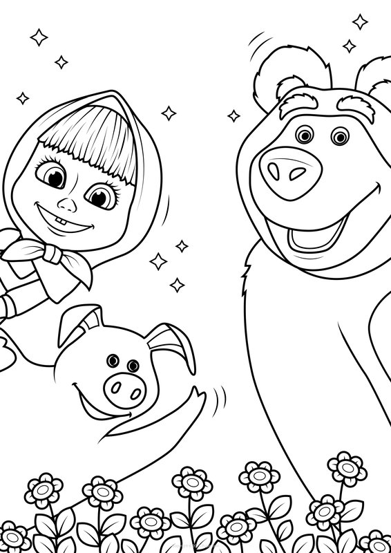 Masha, Beer en Rosie coloring page for children