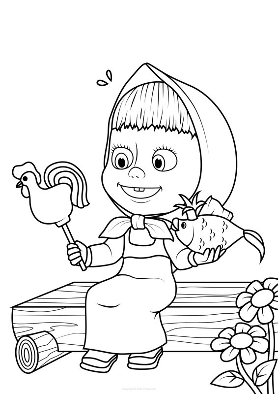 Masha sentada fuera y jugando coloring page for children