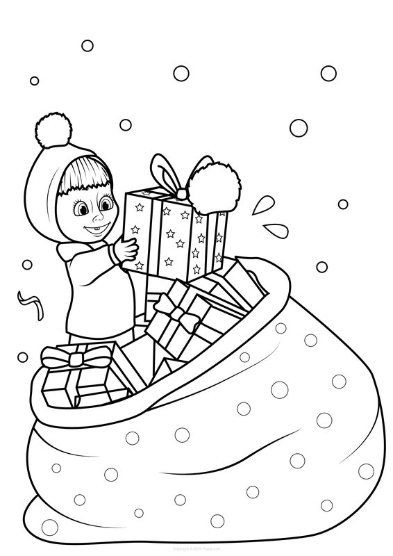 Masha with a Bag of Presents coloring page for children