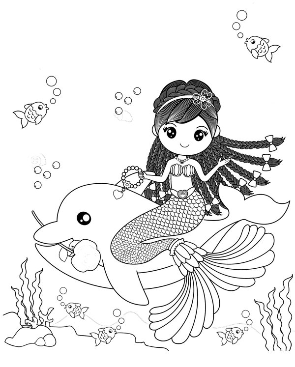 Meerjungfrau schwimmt mit Delphin coloring page for children