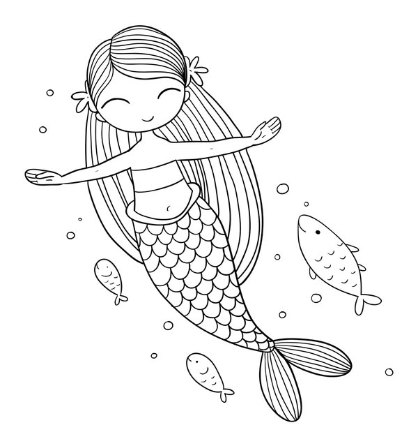 Meerjungfrau schwimmt mit Fischen coloring page for children