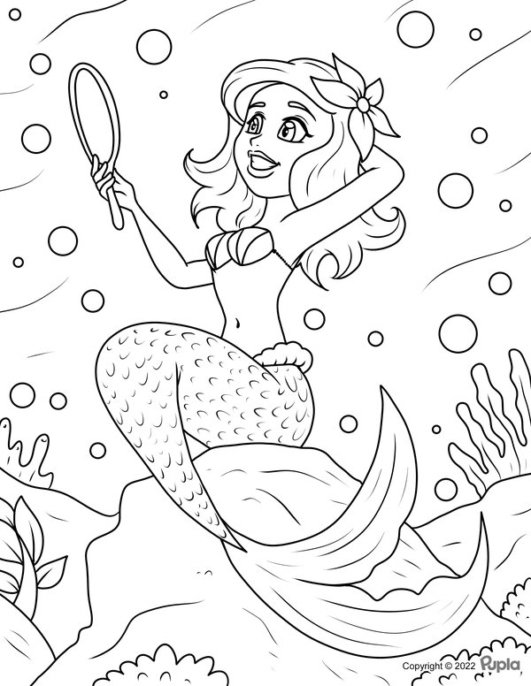 Mermaid Looking Mirror coloring page for children
