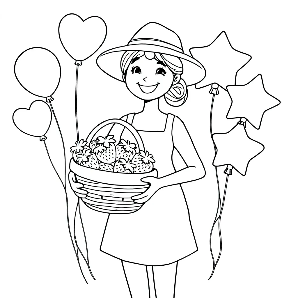 vrouw met mand aardbeien, zonder bril, met ballonnen, zwart-wit