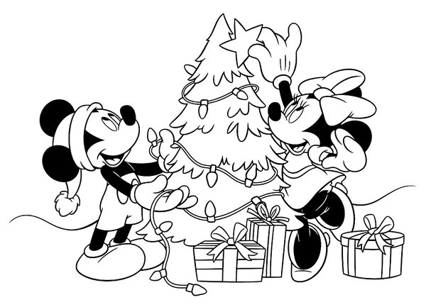 Mickey Mouse et Minnie décorent le sapin de Noël coloring page for children