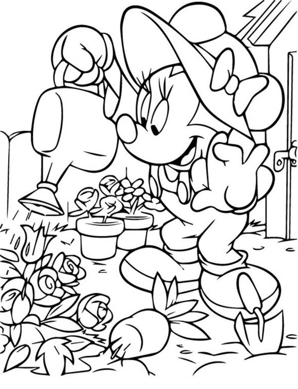 Minnie Mouse Bewasserung Pflanzen coloring page for children