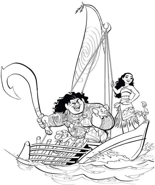 Moana Y Maui En Barco coloring page for children