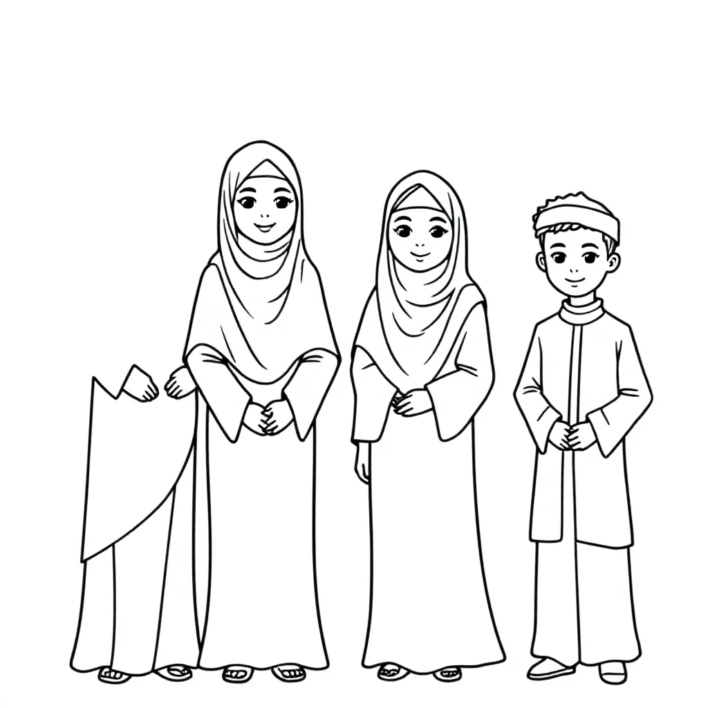 Moslimgezin, moeder met lange hoofddoek, 13 jarige dochter met hoofddoek en lange jurk, 11 jarige do