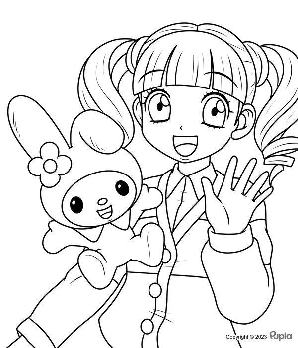 Plantilla de colorear My Melody junto a una chica