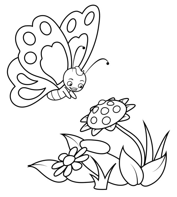 Niedlicher Schmetterling mit Blume coloring page for children