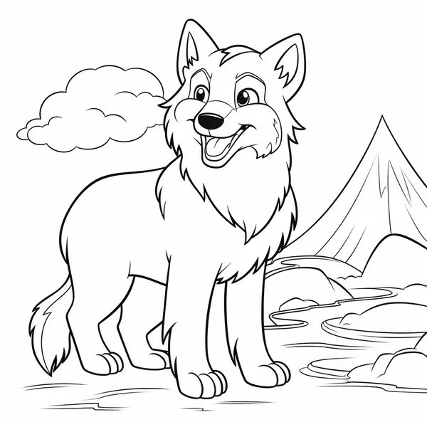 Niedlicher Wolf mit Berghintergrund coloring page for children