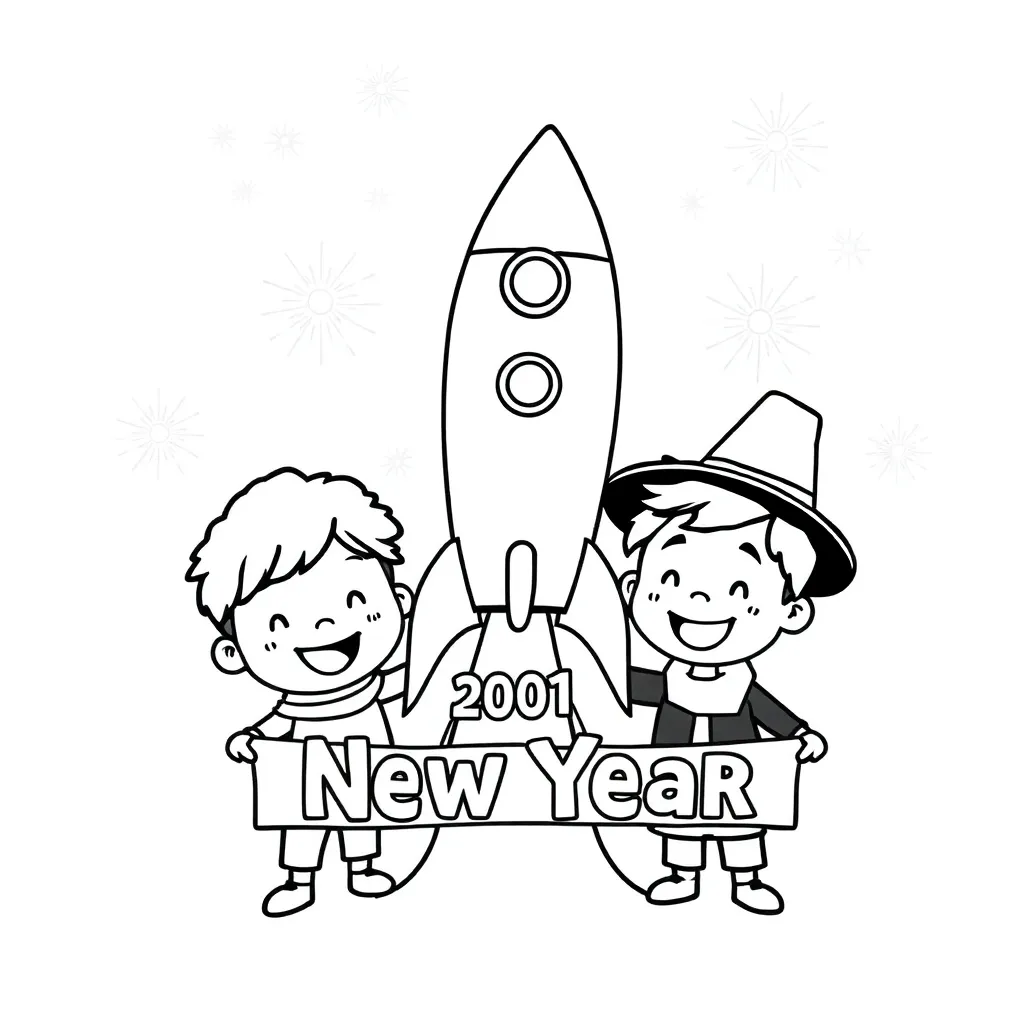 Nieuwjaar Feestelijk Vuurwerk Cartoon Traditie coloring page for children