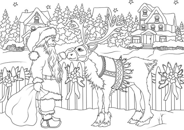 Noel Pere Noel Caressant Des Rennes coloring page for children