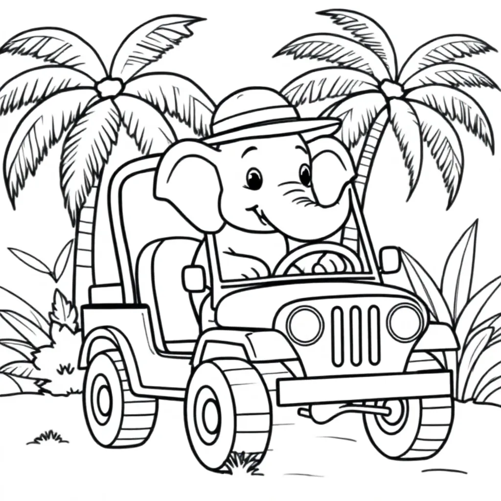 Olifant In Jeep coloring page for children