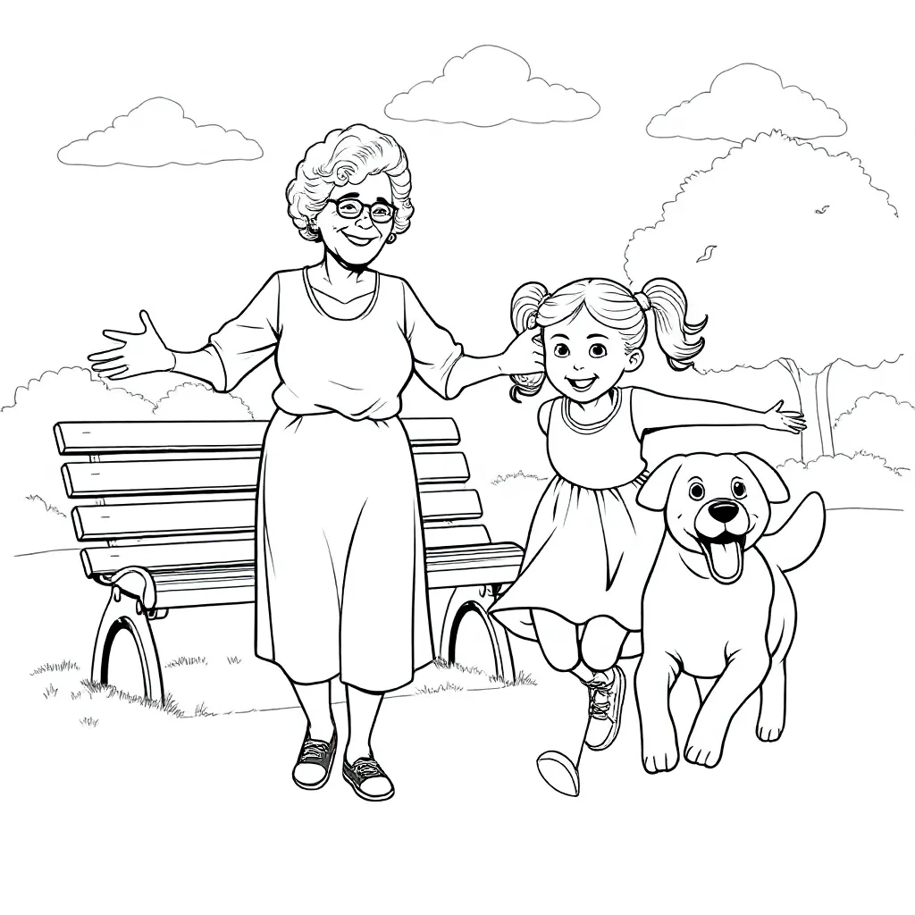Oma Met Een Kleindochter En Een Hond In Het Park coloring page for children
