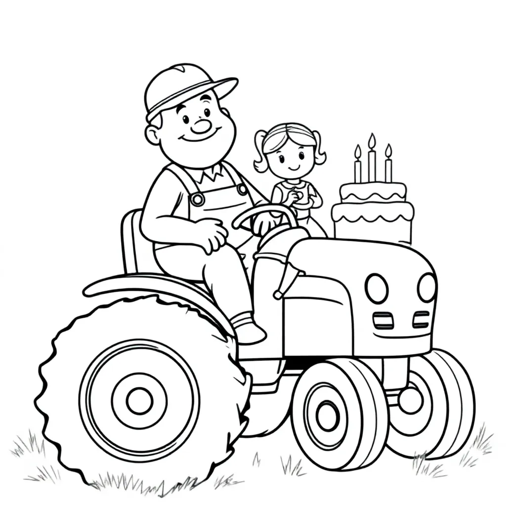 Opa En Kleindochter Op Een Trekker In De Tuin Verjaardags... coloring page for children