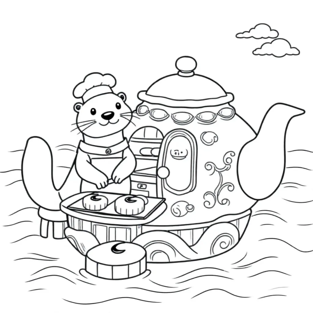 Otter Kok Bakt Manenbroodjes In Drijvende Theepotkeuken coloring page for children