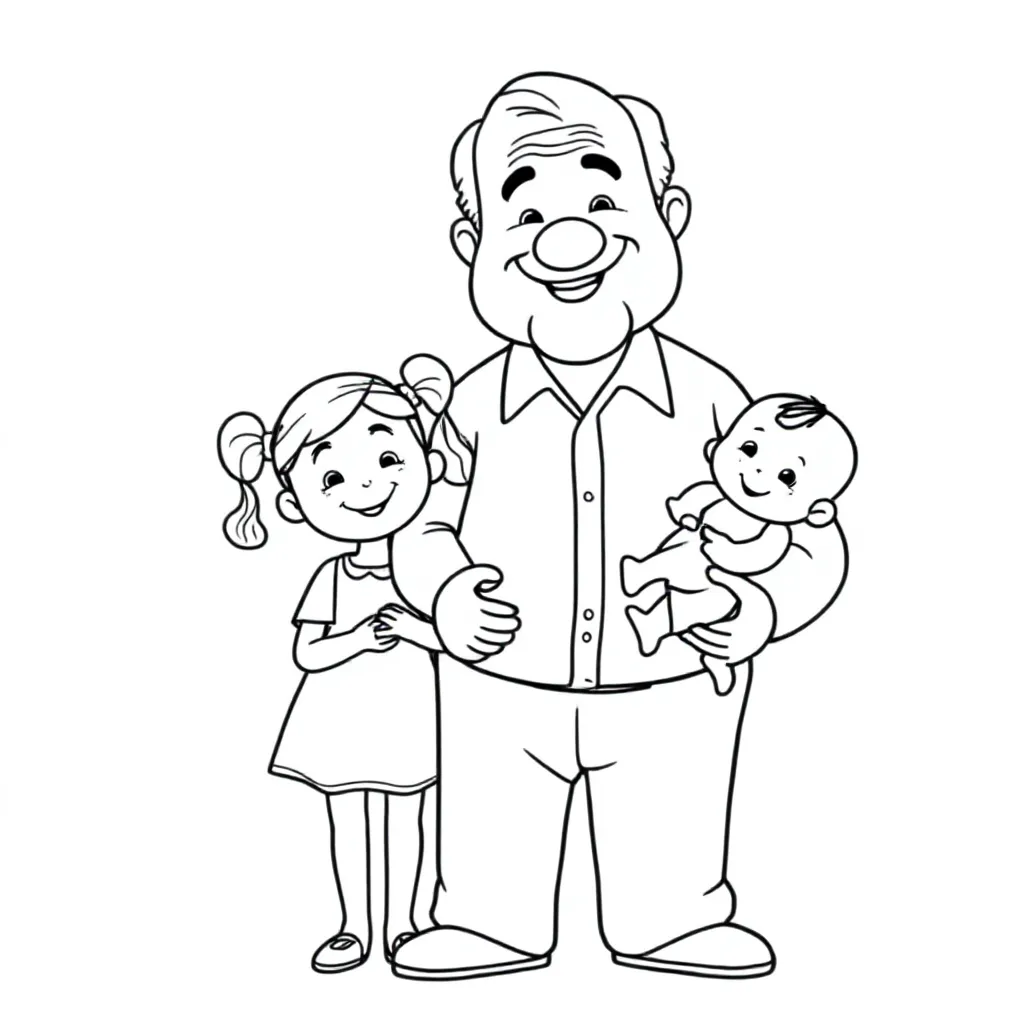 Oud oom zonder baard met 1 meisje en 1 baby kleurplaat voor kinderen