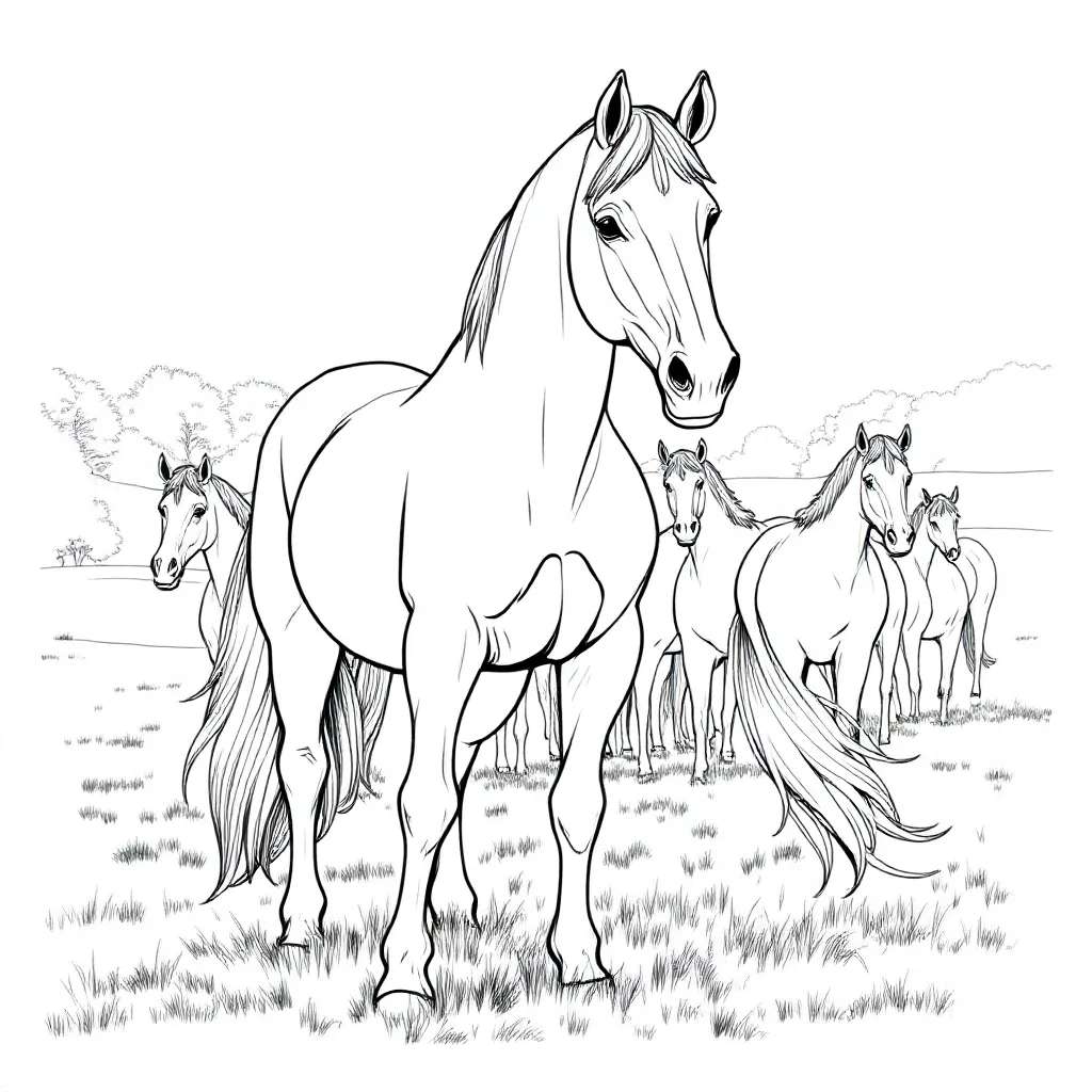 Paard In Een Weiland Met Een Kudde coloring page for children