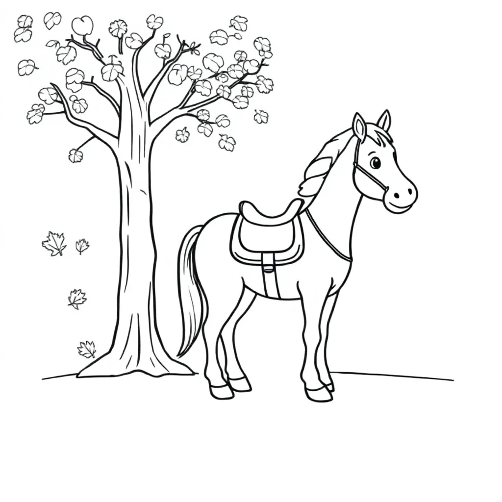 Paard opgezadeld boomblaadjes coloring page for children