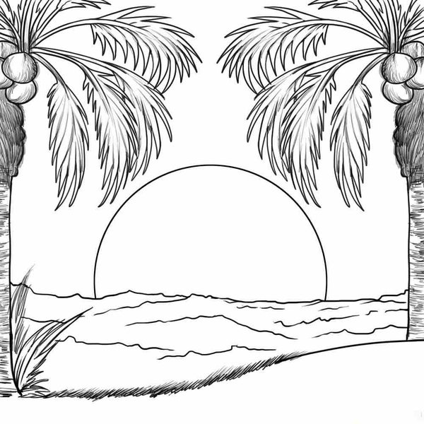 Palmeras Con Cocos En La Playa coloring page for children