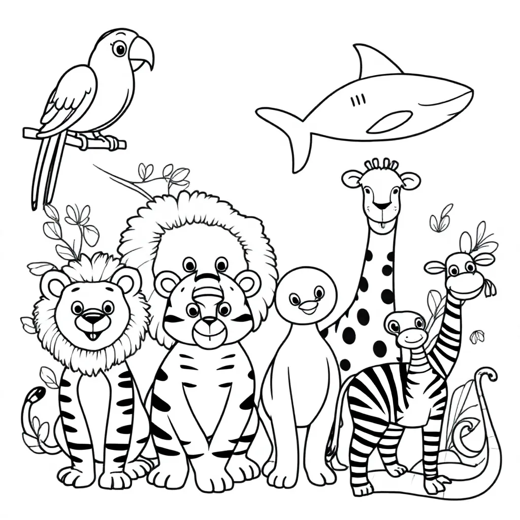 Papegaai Haai Leeuw Tijger Olifant Giraf Aap Zebra Slang ... coloring page for children