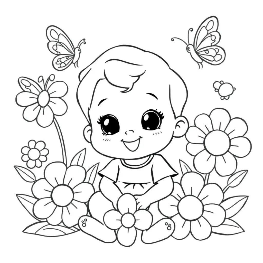 Pasgeboren Baby Meisje Omringt Door Bloemen En Vlinders coloring page for children