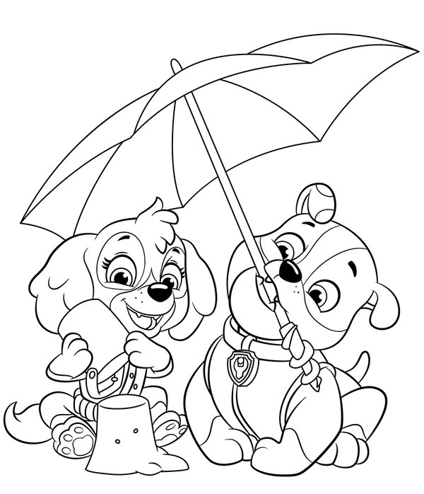 Paw Patrol Skye Rubble Beach coloring page for children