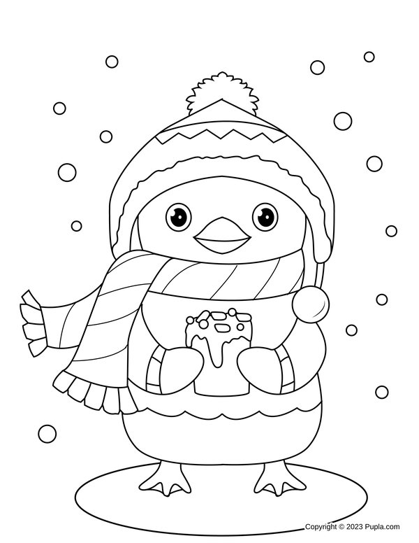 Penguin Drinking Hot Chocolate coloring page for children