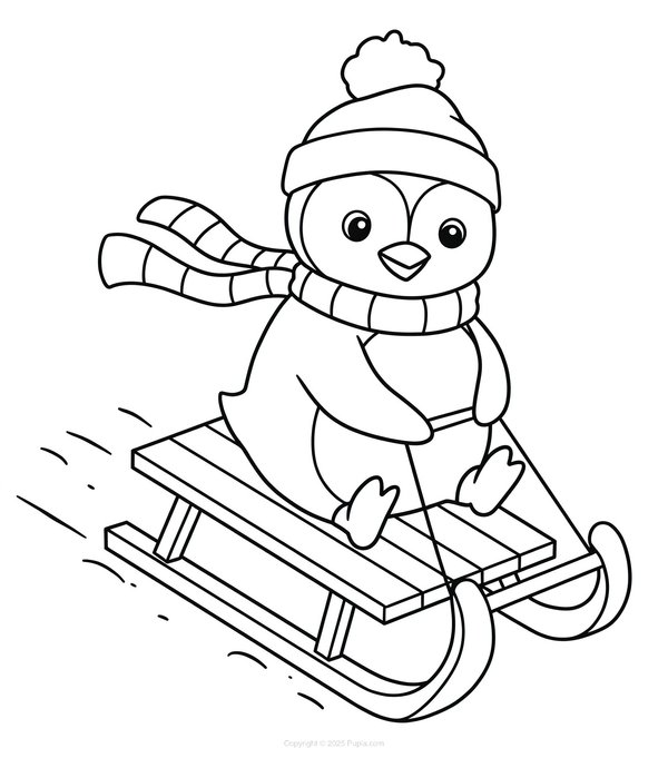 Penguin Riding A Sled coloring page for children