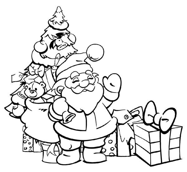 Pere Noel Devant L Arbre De Noel coloring page for children