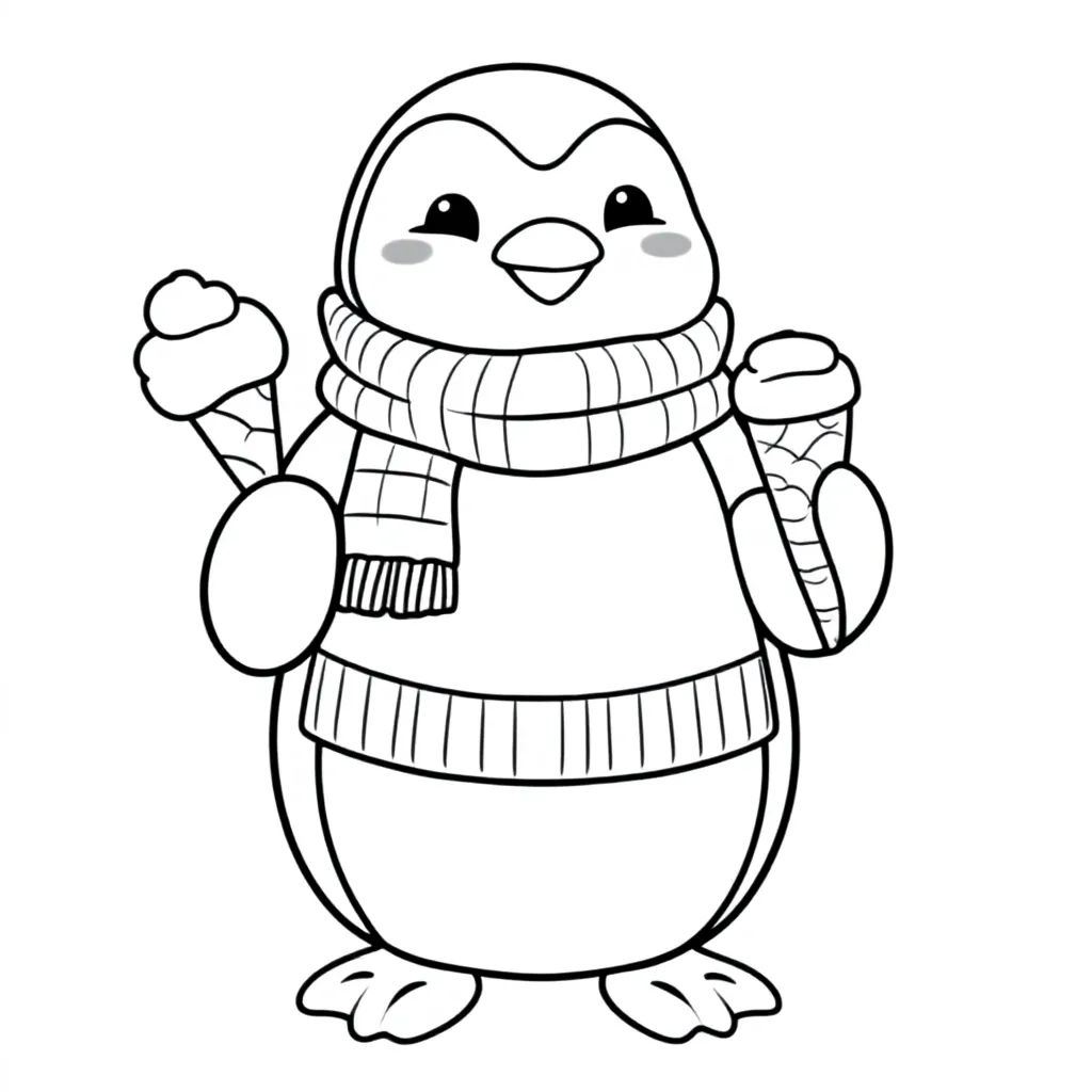 Pinguïn met een ijsje, een trui en een sjaal kleurplaat voor kinderen