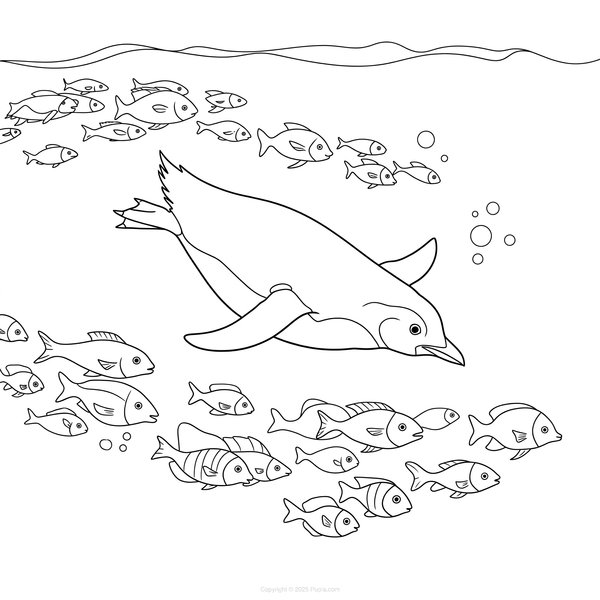 Pinguin schwimmt mit den Fischen coloring page for children