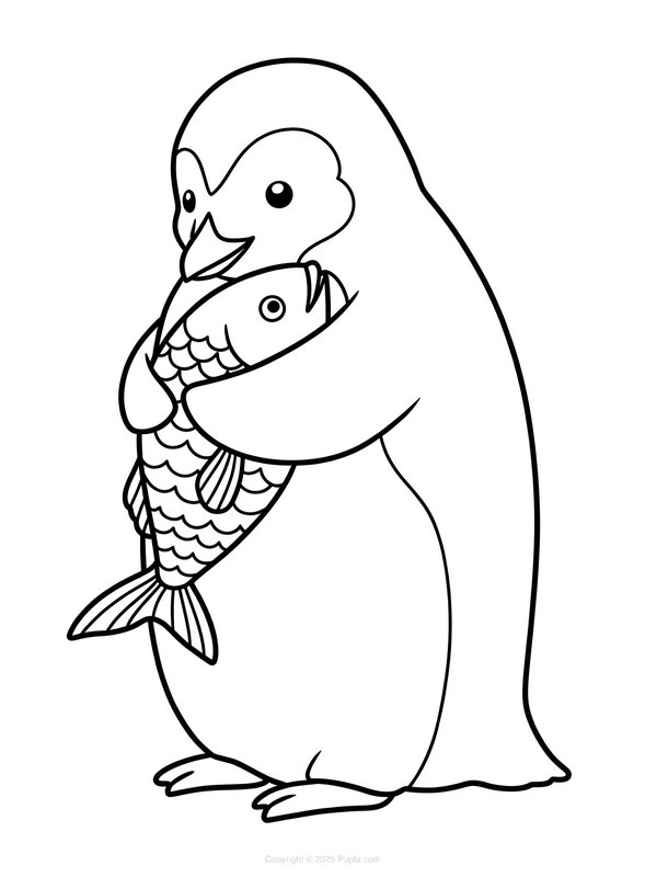 Penguin Coloring Page Embraces a Fish