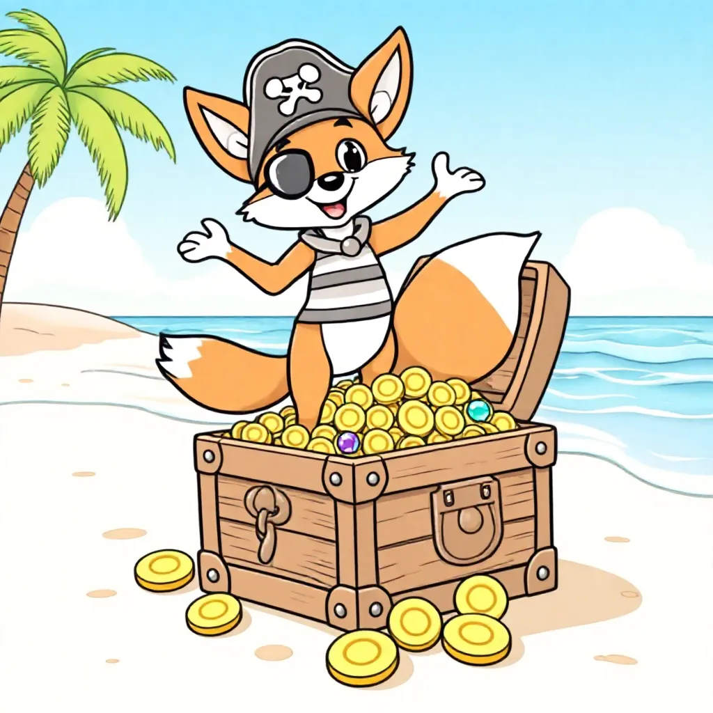 Piraten-Fuchs tanzt auf Schatzkiste voller funkelnder Monde.