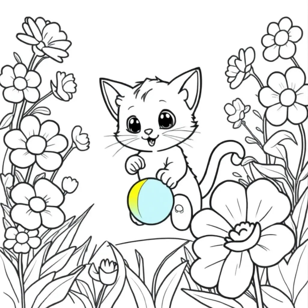 Poes Die Speelt Met Een Bal In De Tuin Met Veel Bloemen coloring page for children