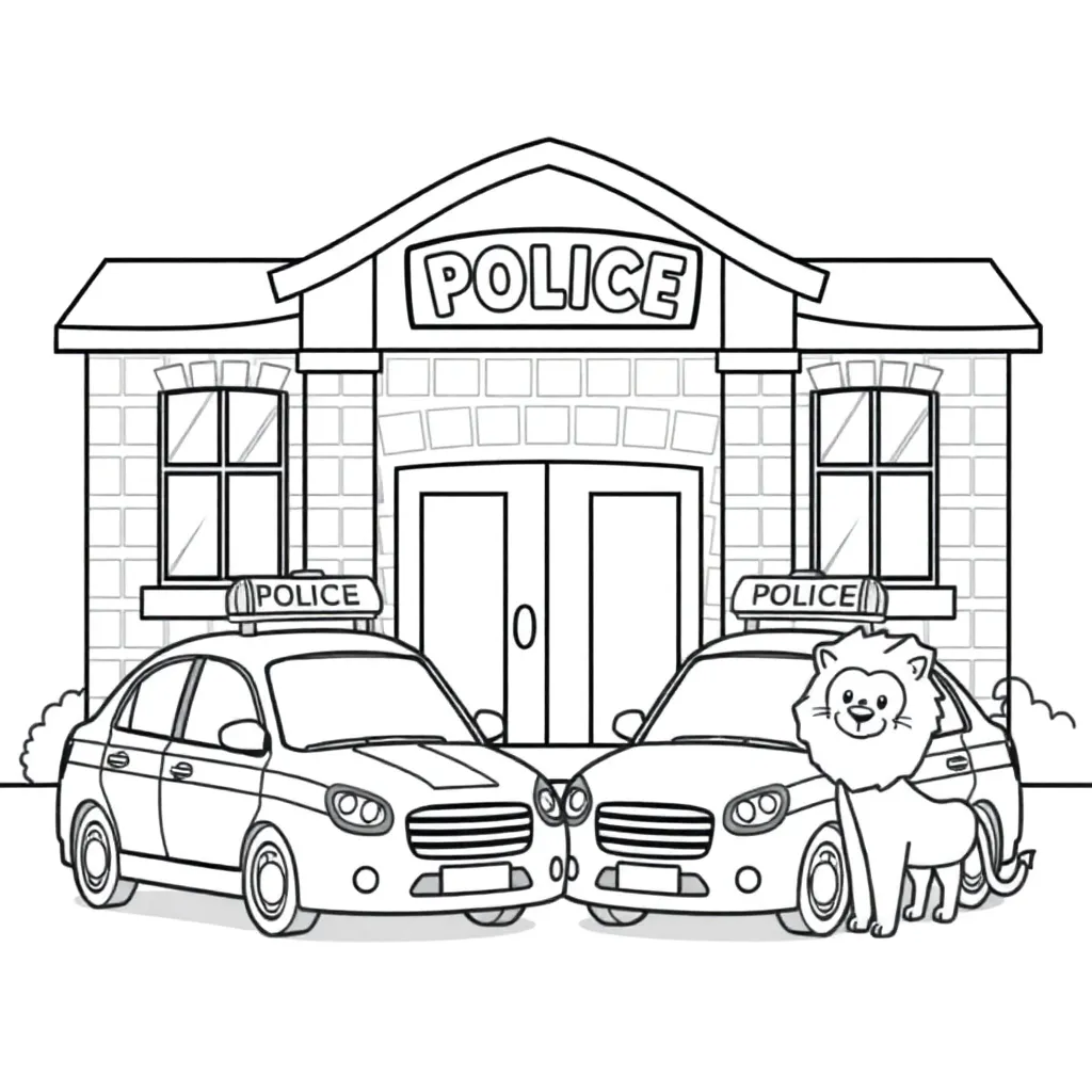 Politiebureau Met Autos En Een Leeuw coloring page for children