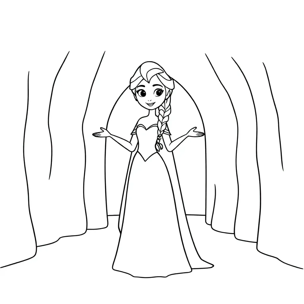 princess elsa with a cape, inside her ice castle coloring page for children