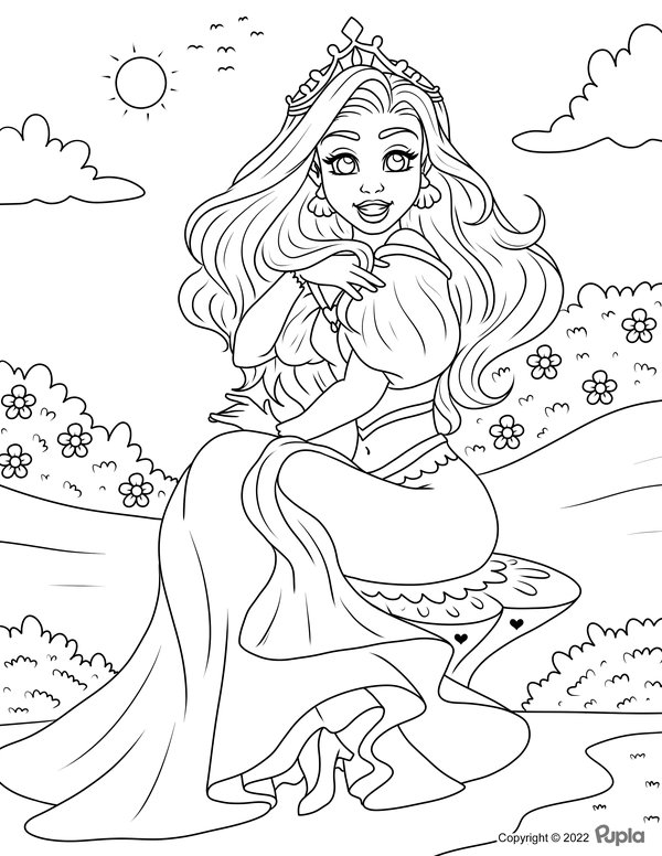 Princesse Assise A L Exterieur coloring page for children