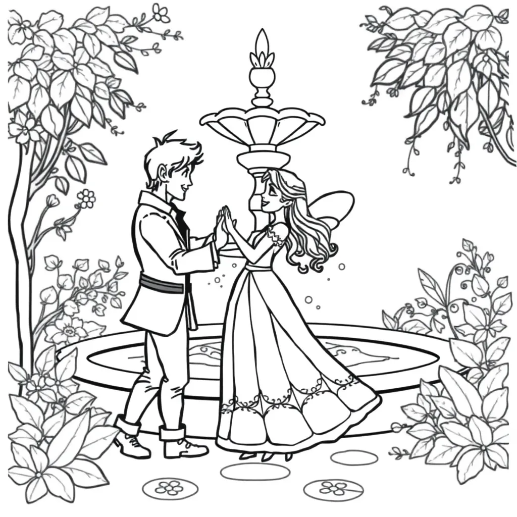 Prinses Dans Romantisch Sprookjes Fontein coloring page for children