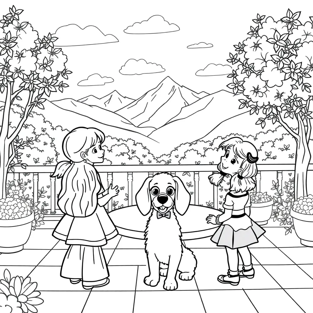 Prinses Sprookjes Hond Tuin Bergen coloring page for children