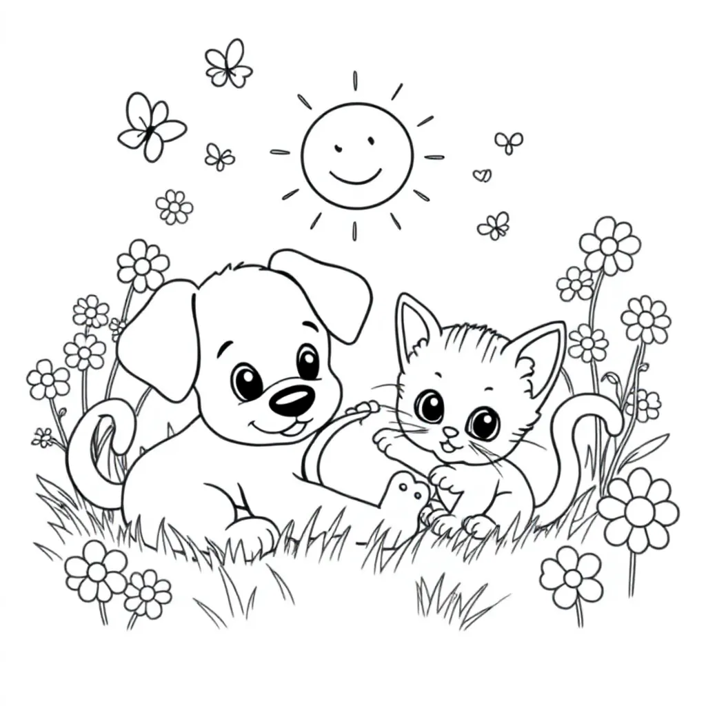 Puppy En Kitten coloring page for children
